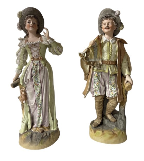 Pair Large Antique French Bisque Porcelain Figures: Pair Large Antique French Bisque Porcelain Figures, 19th Century. Male measures approx. 18.5" female measures approx. 20.5" tall.
