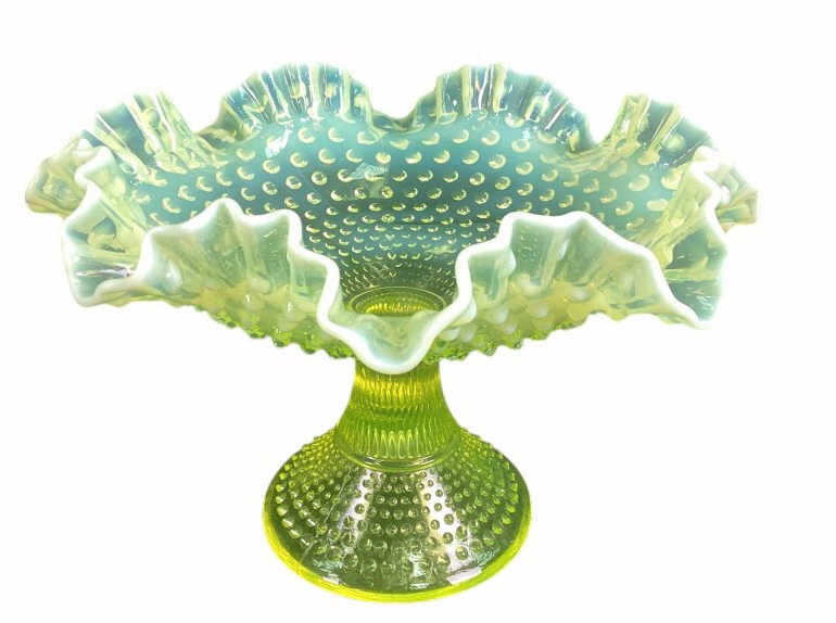 Fenton Topaz Opalescent Vaseline Footed Bowl (1 of 6)