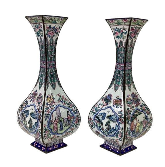 Pair Fine Antique Chinese Canton Enamel Vases: Pair Fine Antique Chinese Canton Enamel Vases, Qing Dynasty, 19th Century. Measures approx. 12" tall.