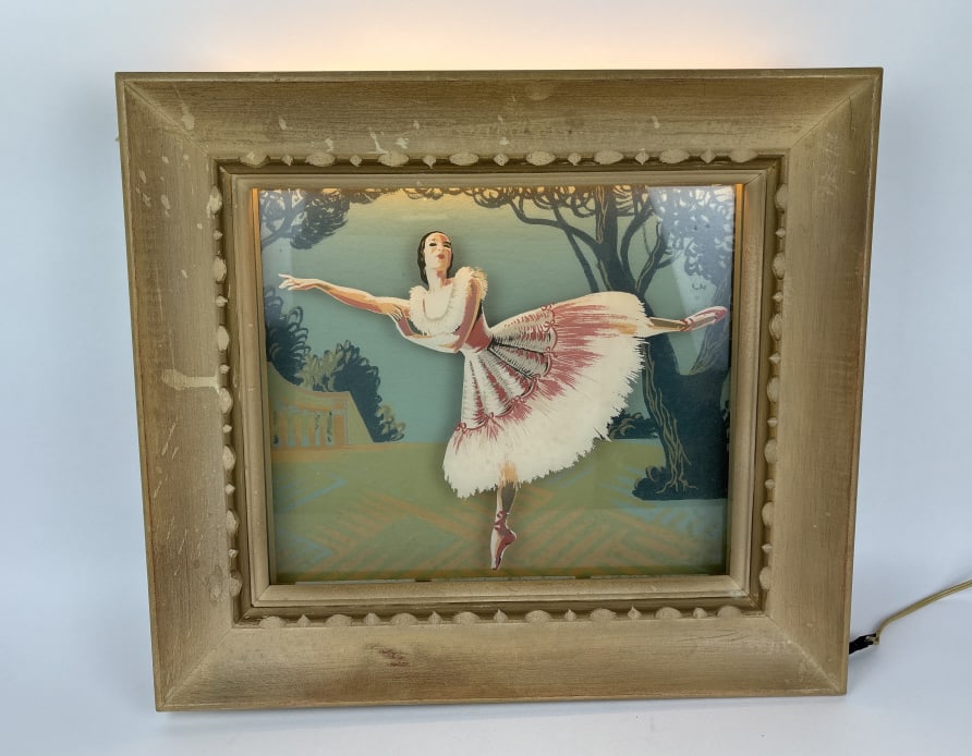 Framed Art Deco Ballerina Light: Ballerina hand-painted on the glass with hand-painted background.
