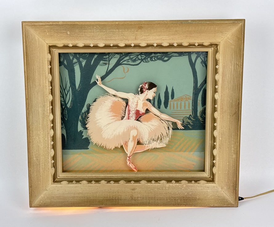 Framed Art Deco Ballerina Light: Ballerina hand-painted on the glass with hand-painted background.