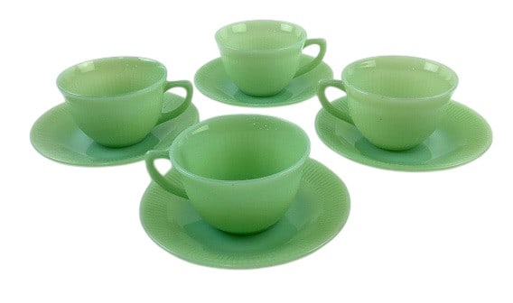 (4) Fire King Jadeite Jane Ray Cup and Saucer Sets (1 of 5)