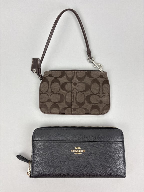 Coach Wristlet and Acordian Zip Wallet: Coach Brown Wristlet and Coach Black Pebbled Leather Acordian Zip Wallet