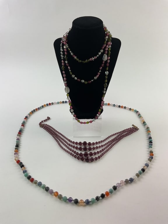 (3) Necklaces, Semi-Precious Stones and Amethyst Colored Glass Beads: (3) Necklaces, Semi-Precious Stones and Amethyst Colored Glass Beads, 29", 25 1/2" and 15"