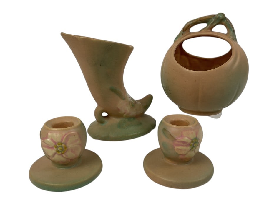 Weller Pottery: Cornucopia Vase, Candle Holders, and Basket Vase (1 of 4)