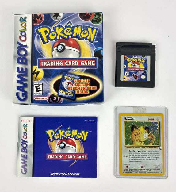 Pokemon Trading Card Game, Game Boy Color: Pokemon Trading Card Game, Game Boy Color 1998, Meowth Basic Set (10) card, instruction booklet, game cartridge