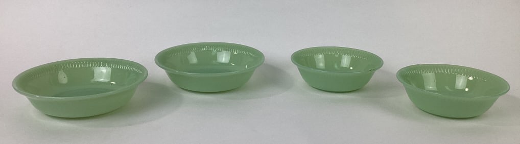 (4) Fire King Jadeite Jane Ray Bowls: (4) Fire King Jadeite Jane Ray Bowls. 2 measure approx. 1.5" tall with a diameter of approx. 5" Other 2 measure approx. 1.5" tall with a diameter of approx. 6"