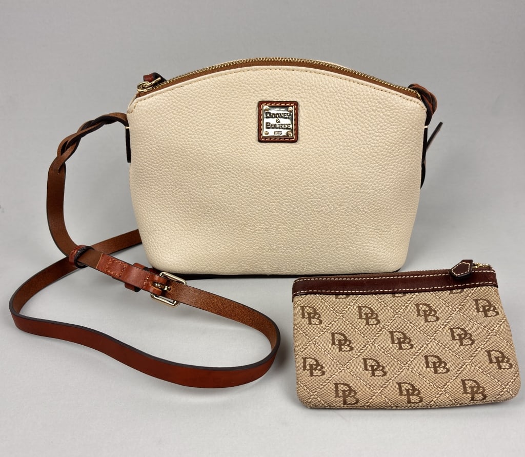 Dooney & Bourke Pebbled Leather Crossbody Bag and Fabric Coin Wallet: Dooney & Bourke Pebbled Leather White Crossbody Bag and Dooney & Bourke Fabric Brown Coin Bag