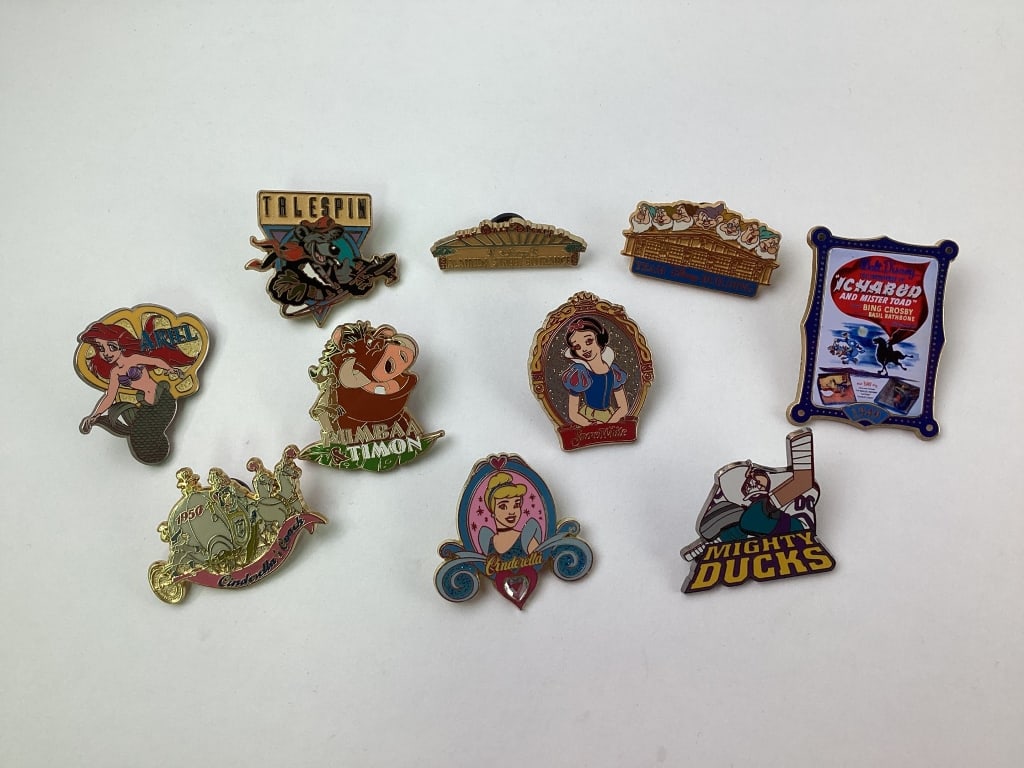 Disney Collector Trading Pins (10): Disney Collector Trading Pins (10), Mighty Ducks, Cinderella's Coach, Ariel, Cinderella, Talespin, Snow White, Pumbaa, Ichabod, Team Disney Building, Alameda Street Entrance