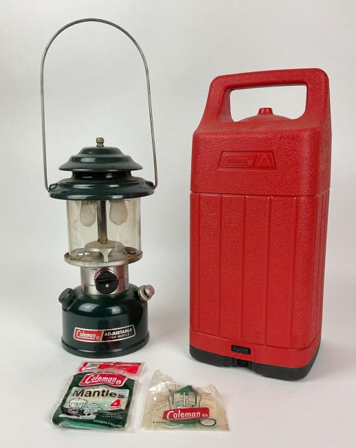 Coleman Lantern, Md 288A700: Coleman Lantern, Md 288A700, Adjustable Two Mangle, green metal lantern, glass shade, red plastic Coleman carrying case