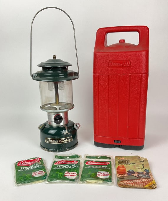 Coleman Lantern, Md 290A700: Coleman Lantern, Md 290A700, The Powerhouse, green metal lantern, glass shade, red plastic Coleman carrying case