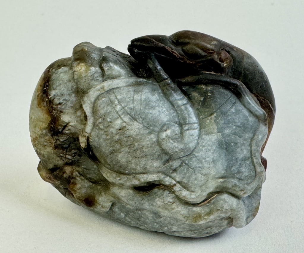Antique Chinese Grey and Russet Jade Pebble Goose and Lotus Leaf Carving (1 of 10)