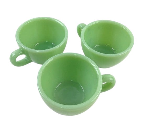 (3) Fire King Jadeite Tea Cups: (3) Fire King Oven Glass Heavy Jadeite Tea Cups Restaurant Ware. 2.5" tall and has a diameter of approx. 3.5".