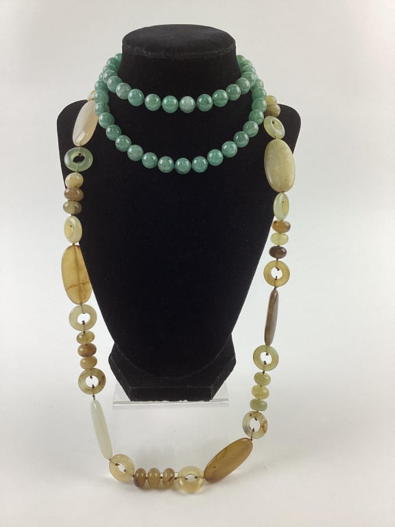 (2) Jade colored stone necklaces with Sterling closures: (2) Jade colored stone necklaces with Sterling closures, marked 925, 32" and 26"