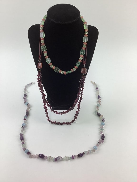 (3) Semi-precious Stone Necklaces with Sterling closures: (3) Semi-precious Stone Necklaces with Sterling closures, marked 925, 17", 26", and 33 1/2"