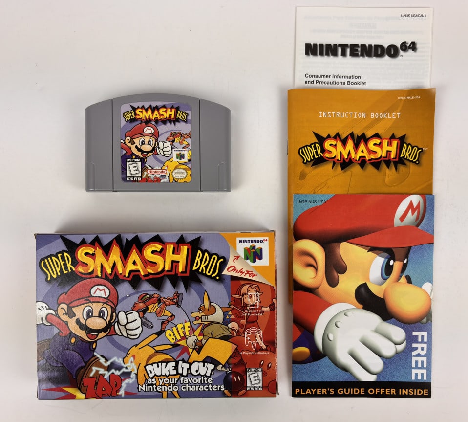 Super Smash Bros, Nintendo 64: Super Smash Bros, Nintendo 64, includes game cartridge, instruction booklet, and original box