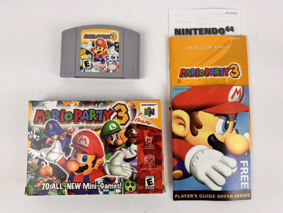 Mario Party 3, Nintendo 64: Mario Party 3, Nintendo 64 game, includes game cartridge, instruction booklet, and original box