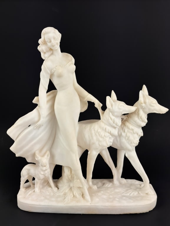 Alabaster Deco Lady Walking Dogs Statue: Alabaster Deco Lady Walking Dogs Statue 11 x 4 x 13 1/2