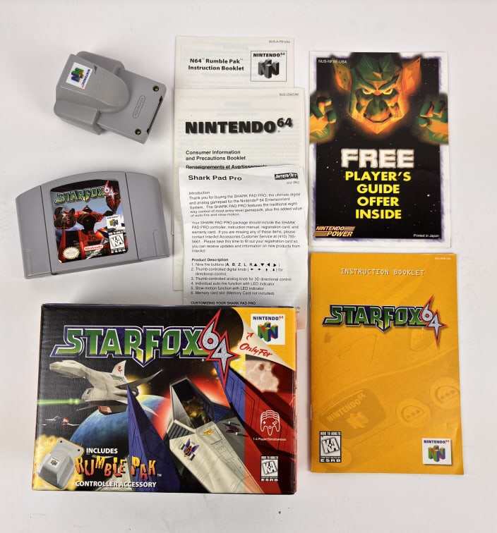StarFox 64, Nintendo 64: StarFox 64, Nintendo 64 game includes rumble pak controller accessory, game cartridge, instruction booklet, and original box