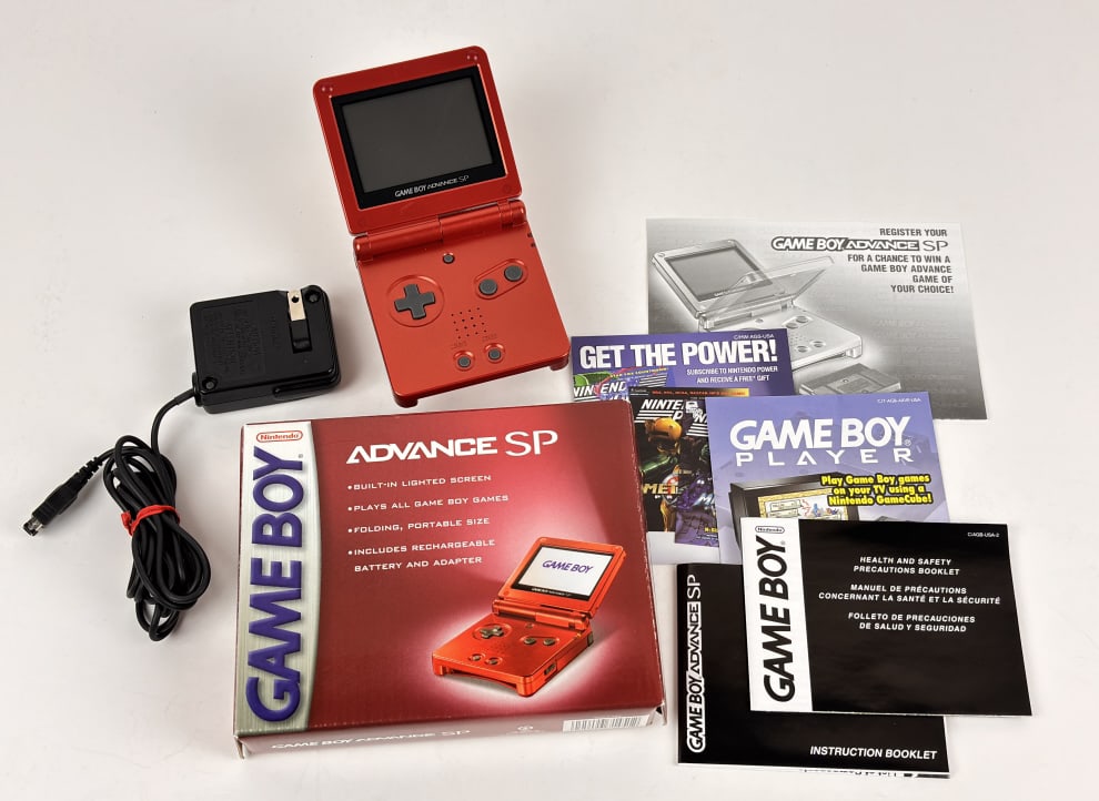 GameBoy Advance SP, Nintendo with Accessories: GameBoy Advance SP Nintendo, folding portable size, color - Flame, includes rechargeable battery and adapter, original box