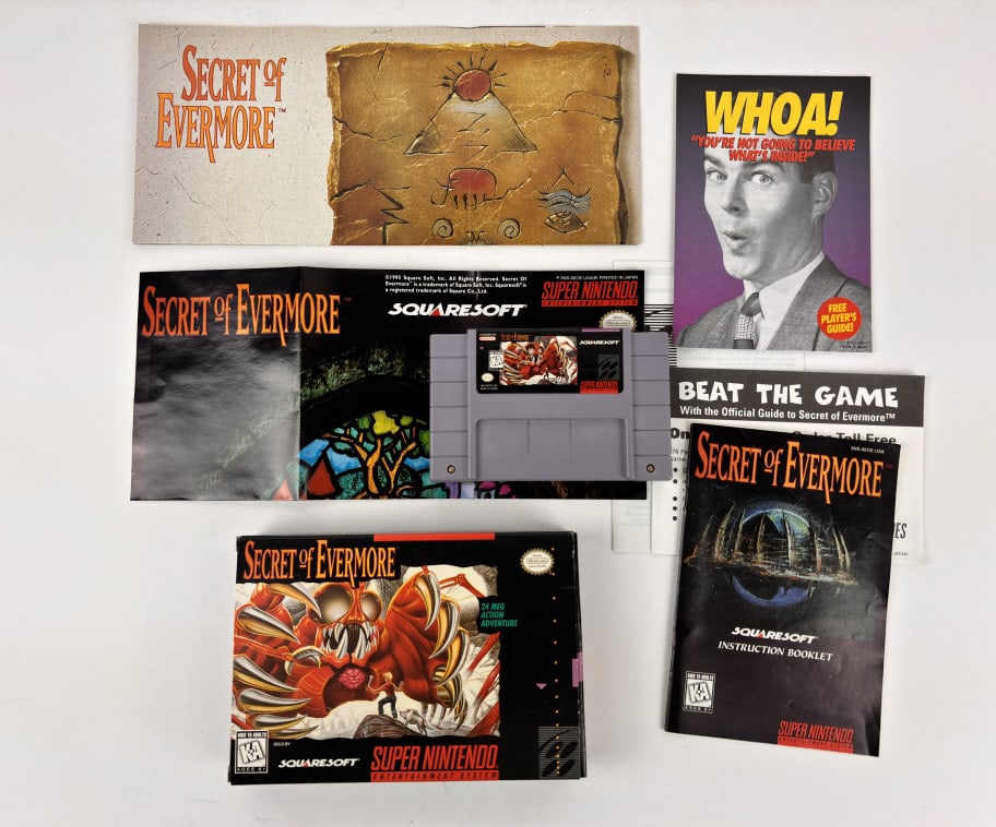 Secret of Evermore, Super Nintendo Game: Secret of Evermore, Super Nintendo Game, includes, game cartridge, instruction booklet and original box