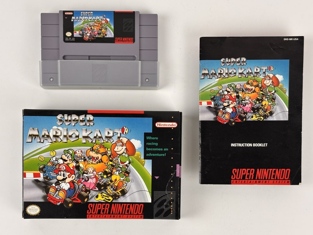 Super Mario Kart, Super Nintendo Game: Super Mario Kart, Super Nintendo Game, includes, game cartridge, instruction booklet and original box