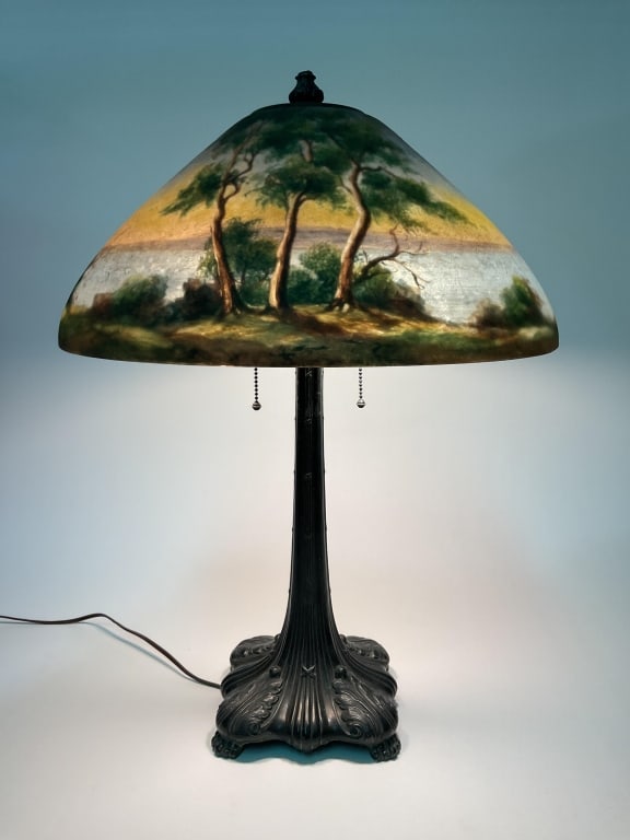 Jefferson Reverse Painted Glass Chipped Ice Lampshade: Jefferson Reverse Painted Glass Chipped Ice Lampshade, signed with model number. Circa 1920s. Rests on a period but unrelated spelter base.