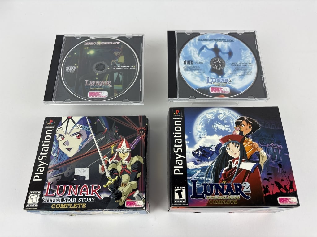 Lunar and Lunar 2, PlayStation Games sets: Lunar and Lunar 2, PlayStation Games sets. Lunar Silver Star Story includes 2 games disc, making of Lunar CD, soundtrack CD, hardbound artbook instruction manual, cloth map. Lunar2 includes 3 games di