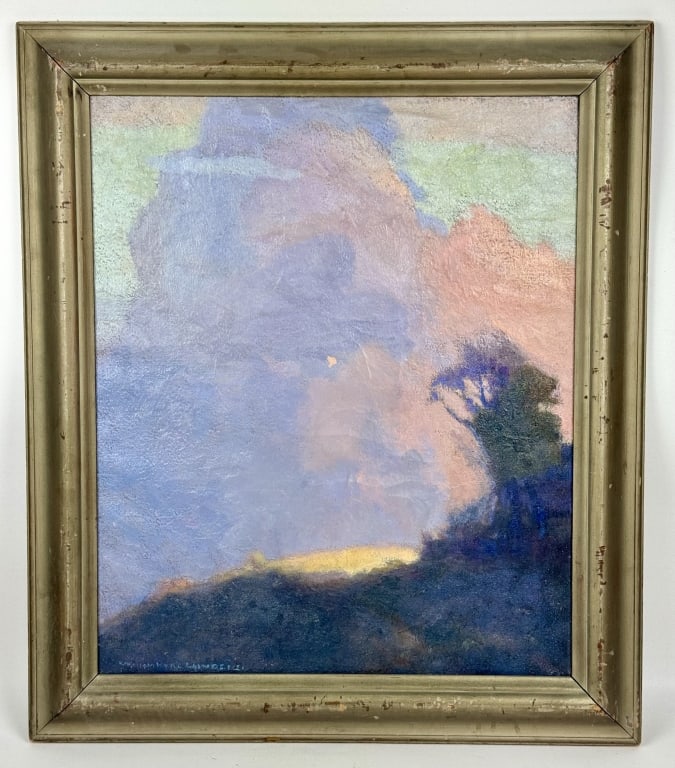 William Hurd Lawrence OOC Landscape Painting: William Hurd Lawrence (American, 1866-1938 active: NH & NY) oil on canvas plein air impressionist landscape. Signed lower left and on back. Canvas stretcher measures 24 inches x 20 inches.