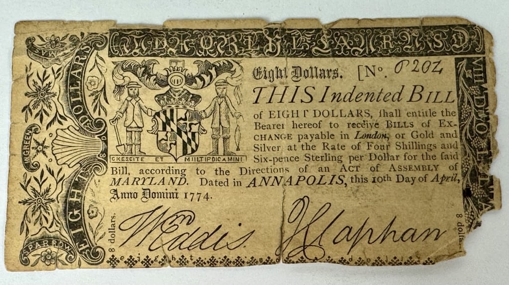 1774 Maryland Colonial 8 Dollar Bank Note.: 1774 Maryland Colonial 8 Dollar Bank Note.