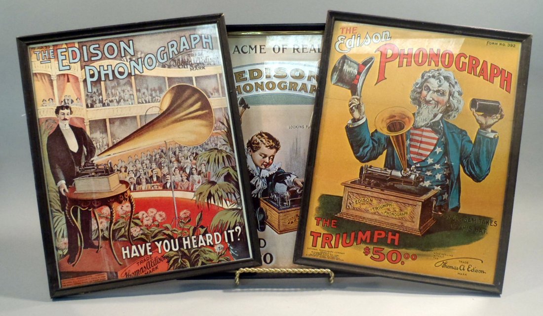 Lot of 3 Edison Phonograph framed prints: Lot of 3 modern Edison Phonograph framed prints. Each 11" x 14". Shipping rate B.