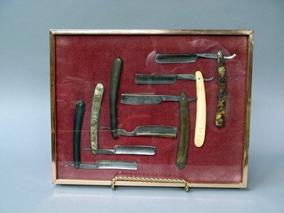 Lot of 6 vintage straight razors: Lot of 6 vintage straight razors, in glass top display case. Includes: Case Brothers, Little Valley, N.Y. Rob. Klass, Ohligs, Prussia Smith & Hawks, Sheffield J.D.H. Engstrom, Eskilstuna, Sweden The T