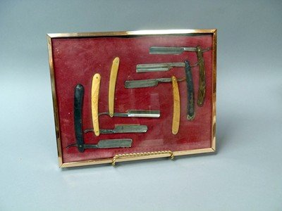 Lot of 6 vintage straight razors: Lot of 6 vintage straight razors, in glass top display case. Includes: Norwood Otto Deutsch's HANS Shumate's Ben Hur Red Imp 133 Non-XLL, Joseph Allen & Sons, Sheffield Joseph Elliot, Best Silver Stee
