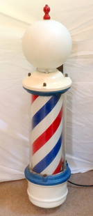 Vintage barber's pole: Vintage barber's pole. Theo A Kochs, Chicago. Lights and spins properly. Approx. 45" total height. Shipping rate Y.