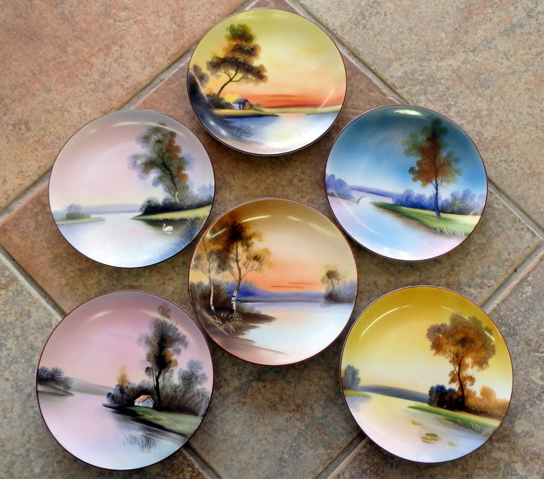 6 Noritake Painted 6 1/2" Plates: Noritake M in green laurel mark; assorted waterfront scenes. Good condition.