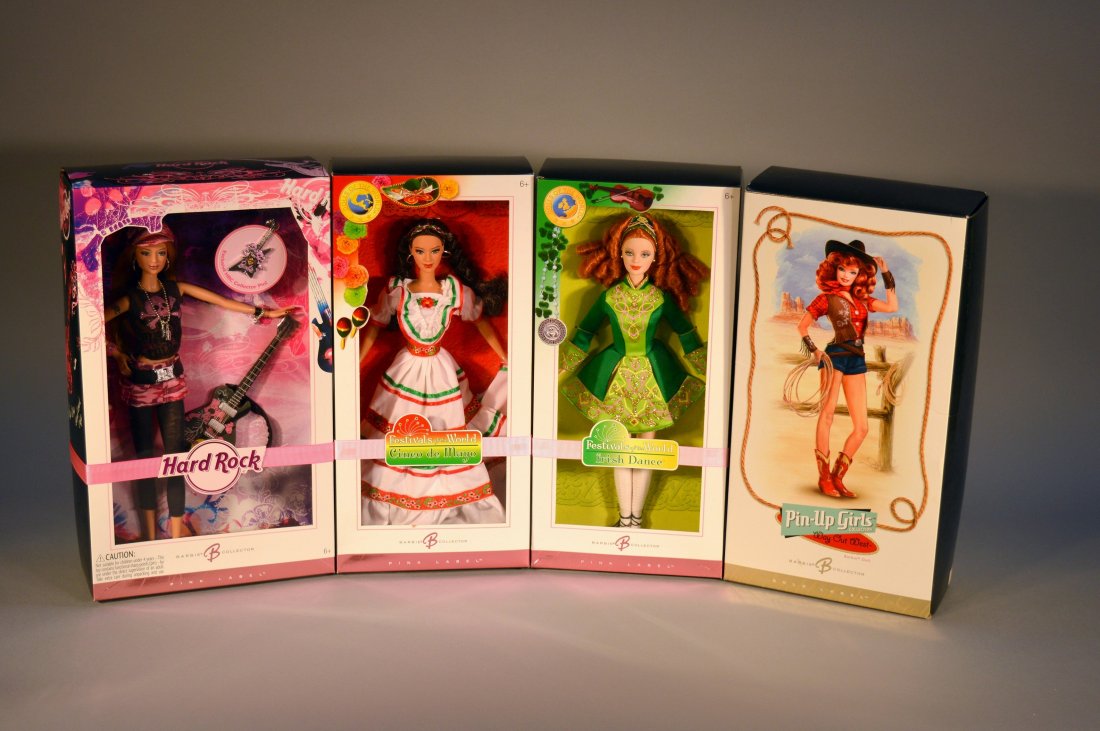Lot of 3 Pink Label & 1 Gold Label Barbies: Way Out West, Hard Rock, Irish Dance, & Cinco de Mayo