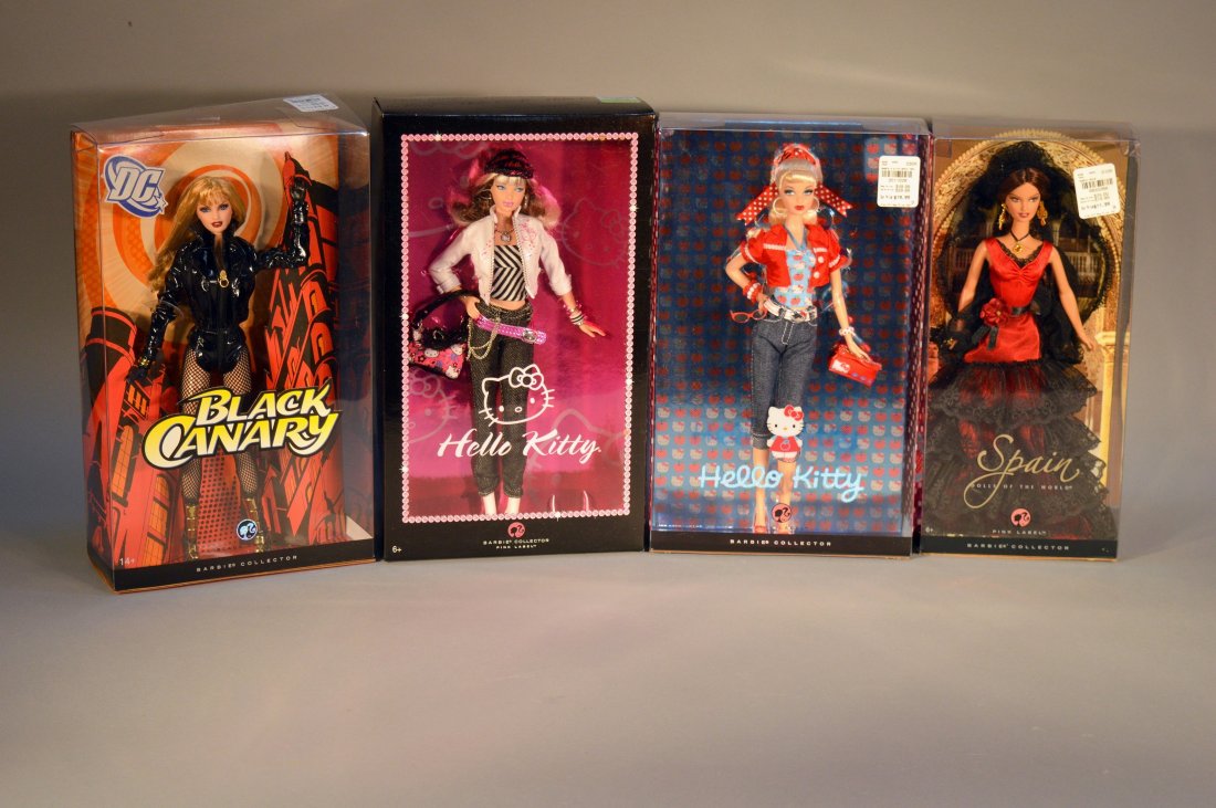 Lot of 4 Barbies: Pink Label Spain, Pink Label Hello Kitty, Black Canary, & Hello Kitty