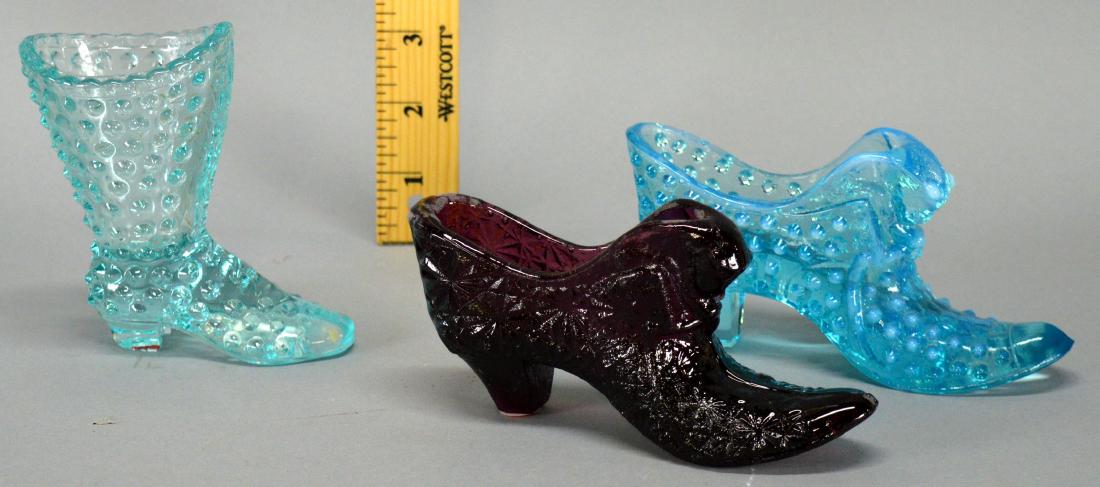 3 Glass Shoes: 1 Fenton hobnail boot, 2 unmarked shoes