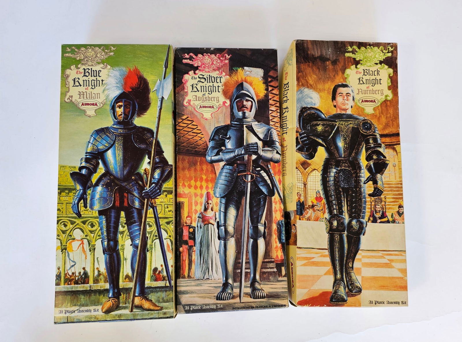 Three boxed Aurora Knight Series plastic assembly kits to include 471 The Silver Knight of Augsburg,: Three boxed Aurora Knight Series plastic assembly kits to include 471 The Silver Knight of Augsburg, 472 The Blue Knight of Milan and 473 The Black Knight of Nurnberg (3)
