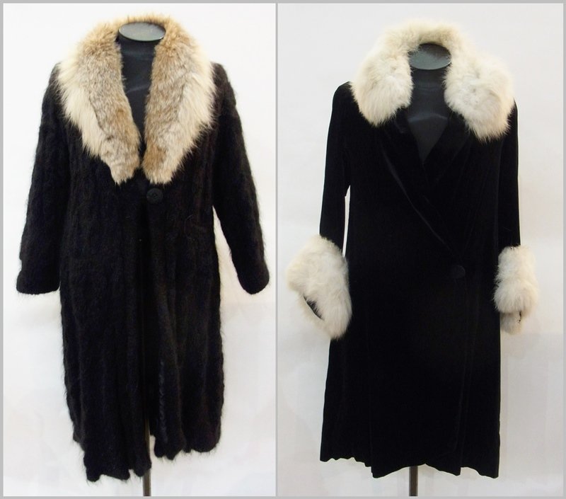 A long mohair coat with a fox fur collar and a black: A long mohair coat with a fox fur collar and a black velvet coat withwhite fur collar and cuffs (2)
