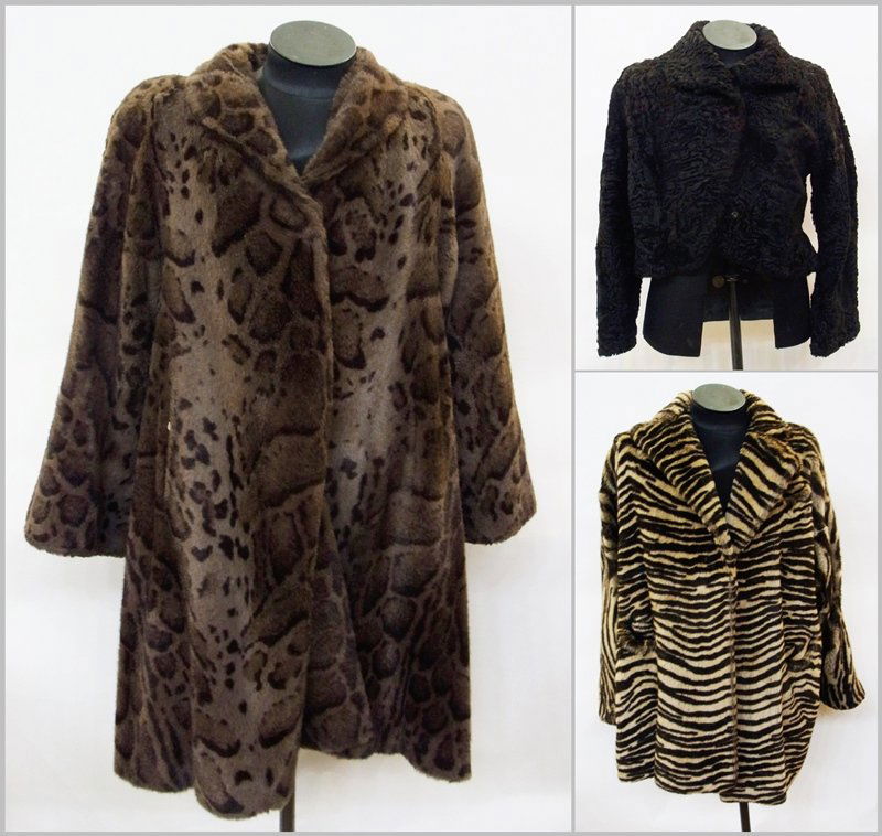 A faux fur coat, circa 1980's, giraffe print, a fun: A faux fur coat, circa 1980's, giraffe print, a fun faux fur coat by "Suziklo", zebra print and a short Persian lamb jacket-3