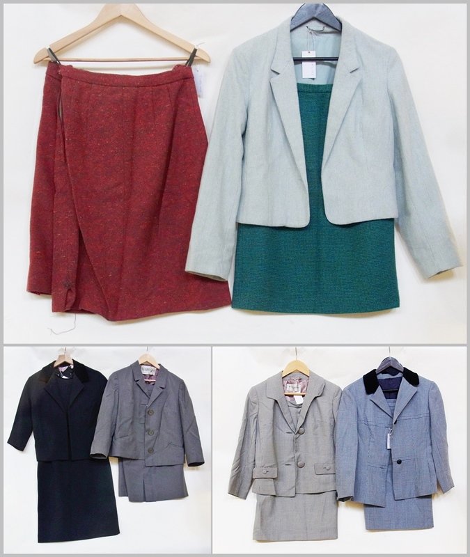 A Brodery vintage black wool dress with velvet detail: A Brodery vintage black wool dress with velvet detail matching black jacket, black velvet collar, three other vintage suits, a pale blue vintage jacket and three tweed vintage skirts (8)