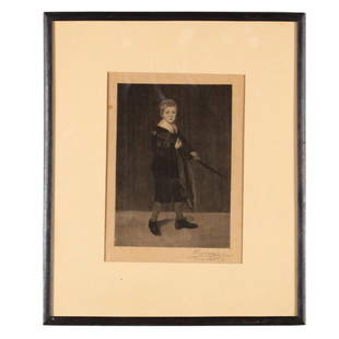 Henry Wolf (American, 1852-1916), Morning Mists Boy: engraving on thin paper, 1908, pencil signed and dated lower right, retains gallery label to backing, matted and framed. Platemark 9 x 6 3/8 in.; DOA 17 1/8 x 14 3/8 in. Frederick Keppel & Co., Inc.,