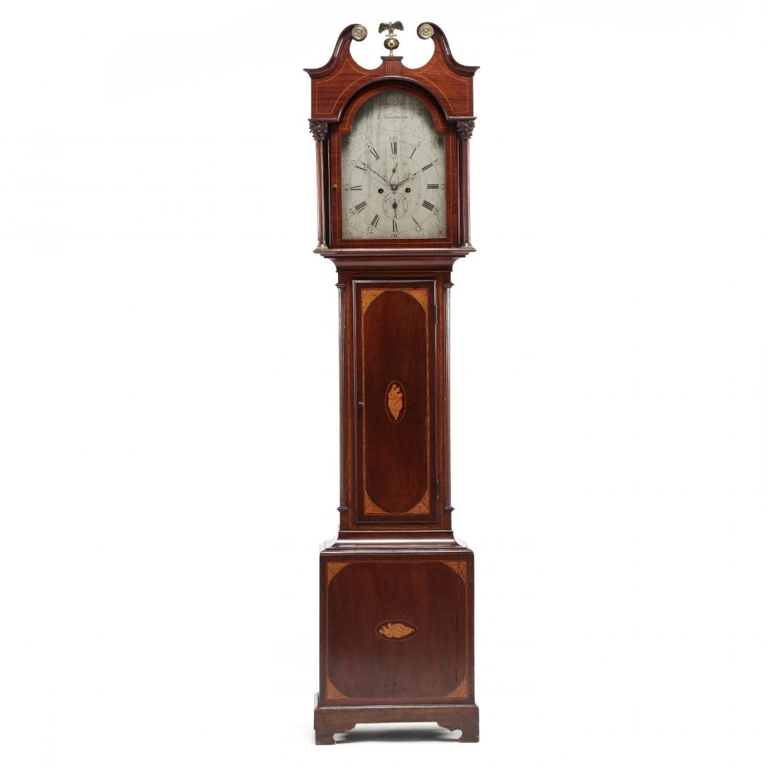 Chris Davie, Linlithgow, Scottish Inlaid Tall Case: circa 1800, mahogany, steel engraved face with second and date hand inscribed "Chris Davie, Linlithgow," hood with broken arched pediment and eagle brass finial, fluted corinthian columns, waist door
