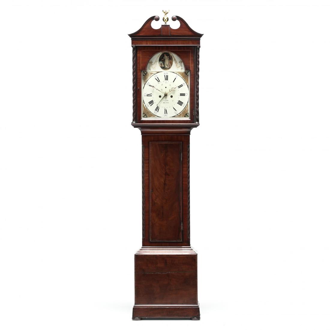 John Law Beith, Inlaid Tall Case Clock: early 19th century, Scotland, mahogany, mahogany veneers, light and darkwood inlays, broken arched pediment with eagle finial, beveled glass door, painted metal face with second and date hands, the up