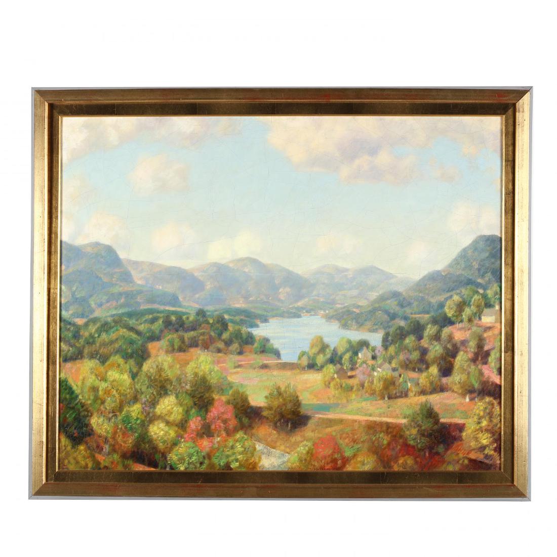 Lawrence Mazzanovich (NC/CT, 1871-1959), Lake Lure: oil on canvas (lined), signed at lower center, presented in a later gilt frame. SS 25 x 31.25 in.; DOA 29 x 35.5 in. Mazzanovich began his art career as a sign painter and later studied at the Art Ins