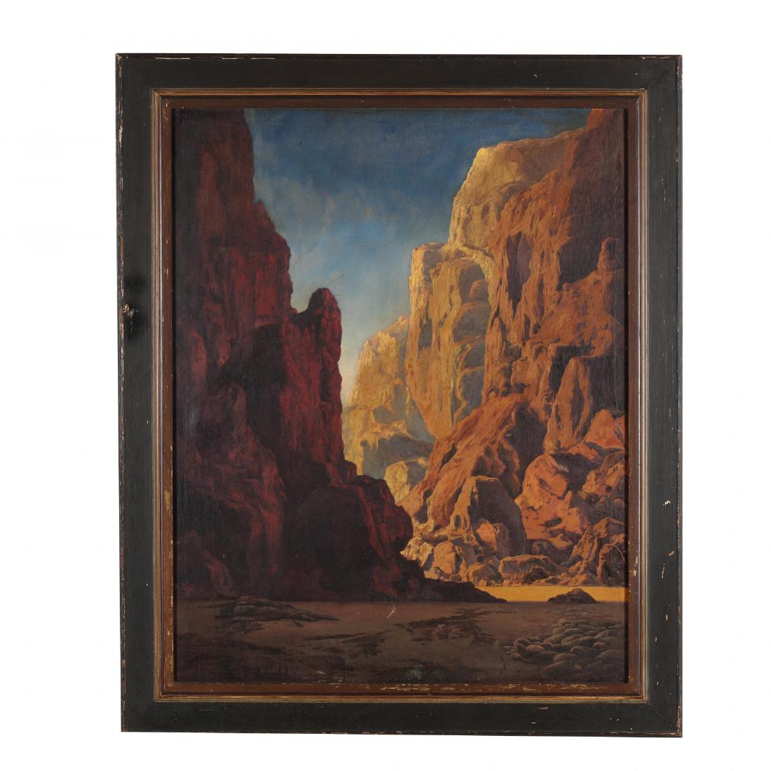 after Maxfield Parrish (PA/NH, 1870-1966), Arizona: oil on canvas, unsigned, inscribed 1766 J on stretchers and frame, presented in a period 1930-1940 painted frame. SS 44.25 x 35 in.; DOA 53 x 43.5 in. In the current exhibition â€œMaxfield Parrish