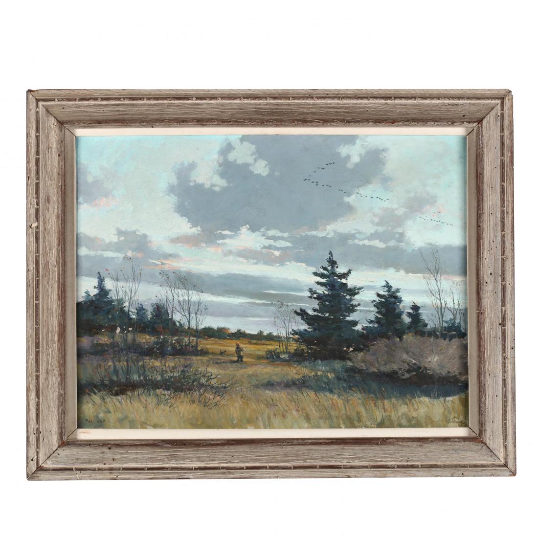 Eric Sloane (NY/CT, 1905-1985), Fall Sky: oil on Masonite, signed at lower right, titled at lower left, inscribed on the verso "Eric Sloane / Brookfield / Conn," presented in the original weathered wood frame. SS 17.5 x 23.5 in.; DOA 24 x 29.