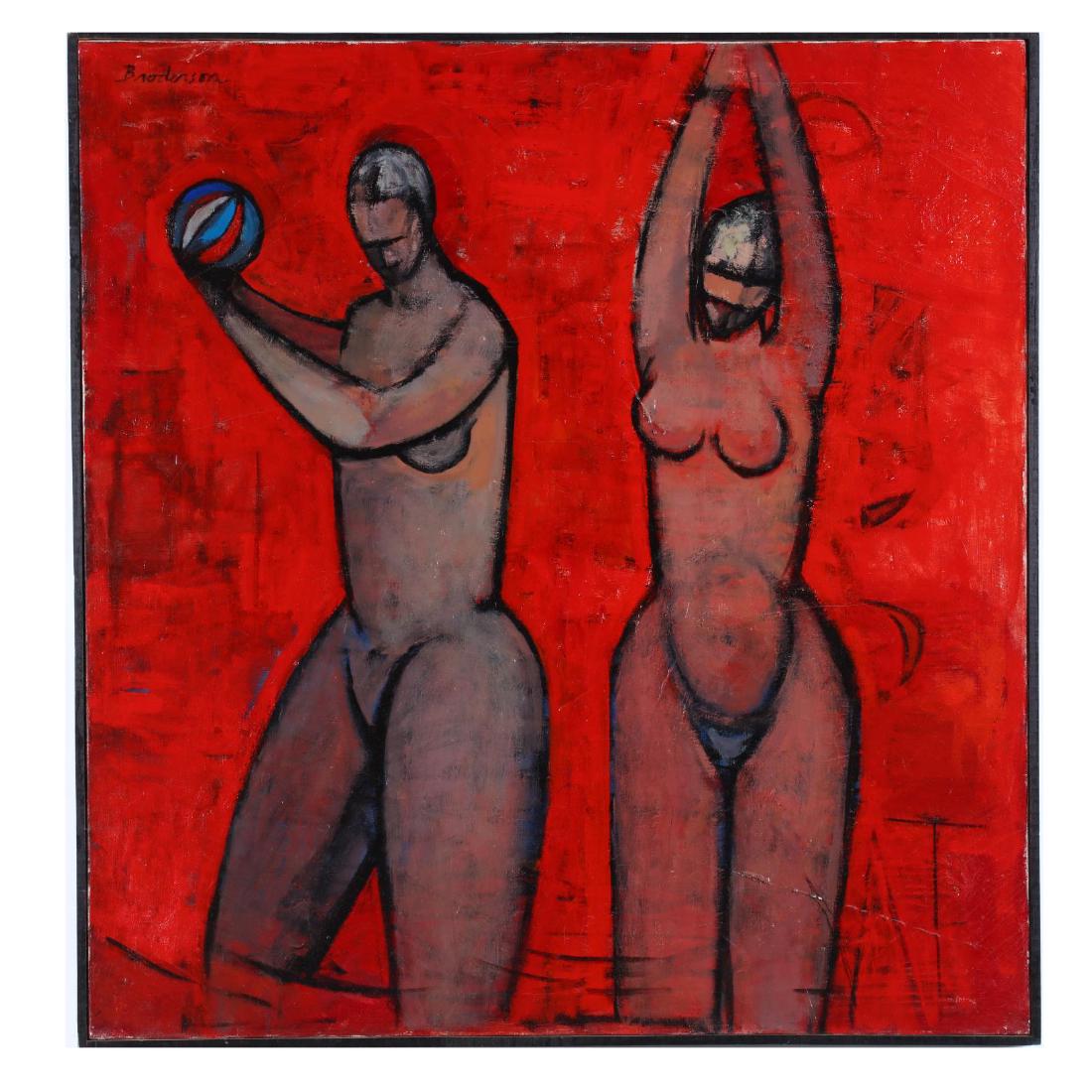 Robert Broderson (NC/CT, 1920-1992), Two Nudes with a: oil on canvas, signed at upper left, framed. DOA 41 x 39 in. Broderson graduated from Duke University in 1950. He taught for at Duke and North Carolina State University for several years during the 19