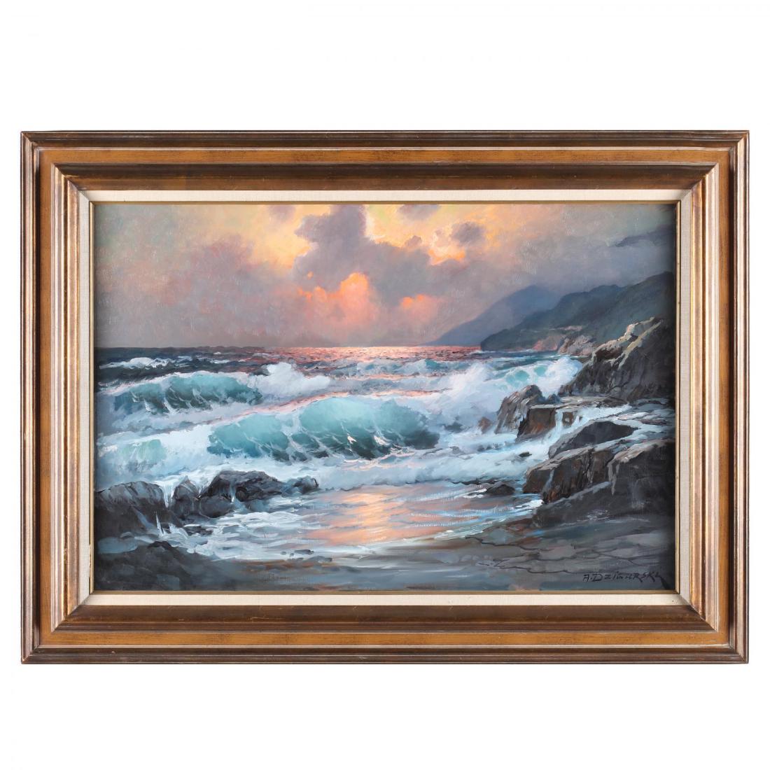 Alexander Dzigurski (CA, 1911-1995), West Coast Sunset: oil on canvas, signed at lower right and with artist's copyright stamp on the verso, framed. SS 23.5 x 35.75 in.; DOA 32.5 x 44.5 in. Retaining an old Butterfield & Butterfield of San Francisco label